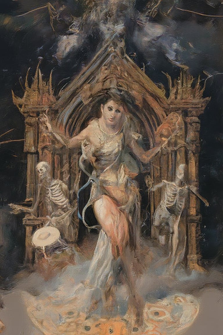 In a long shot, a modernist masterpiece unfolds. A beautiful young woman, clothed in tattered finery, dances with abandon before the doors of an ancient church, amidst a stormy sky and fog-shrouded square. A skeleton plays a drum while another grasps a flute, both set against the eerie alva light. Proportionate figures, each with perfect hands, clear eyes, and defined faces, converge in this danse macabre. The scene is set in warm, oil-on-canvas hues, reminiscent of Alphonse Mucha's elegant lines and Gustav Klimt's ornate patterns. In the midst of this dark illustration, H.R. Giger's unsettling atmosphere seeps in, while ElfFractalArt's intricate details bring depth to this disturbing yet mesmerizing scene.,painting,oil-on-canvas style of classic painting, jntevl,concept_art,PT[WPM]