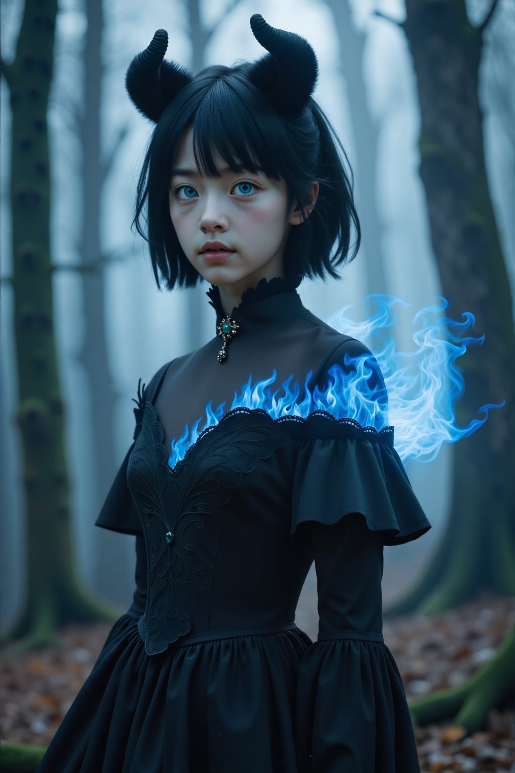 short pony hair girl, standing in the forest, black princess dress, burning blue flames, lacy flames burning on the dress, bright blue eyes, misty forest, cinematic colors, trees full of crows, horned ponies,