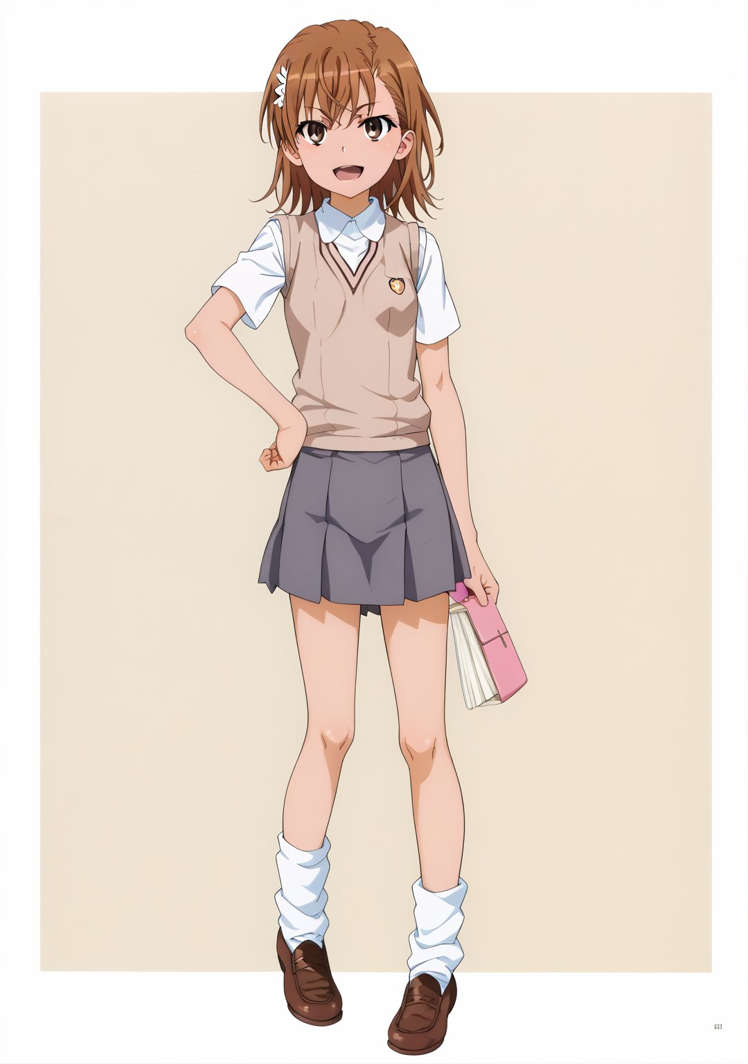 score_7_up, BREAK source_anime, toaru_as, full body, simple background, (1girl), solo, misaka mikoto, tokiwadai school uniform, school uniform, solo, brown hair, summer uniform, brown eyes, skirt, sweater vest, brown sweater vest, hair ornament, cowboy shot, socks, hand on hip, loafers, grey skirt, medium hair, shoes, holding, loose socks, shirt, simple background, open mouth, brown vest, pleated skirt, brown footwear, looking at viewer, white shirt, standing, smile, sleeveless sweater, shorts, short sleeves, short hair, jaggy lines, school emblem, 