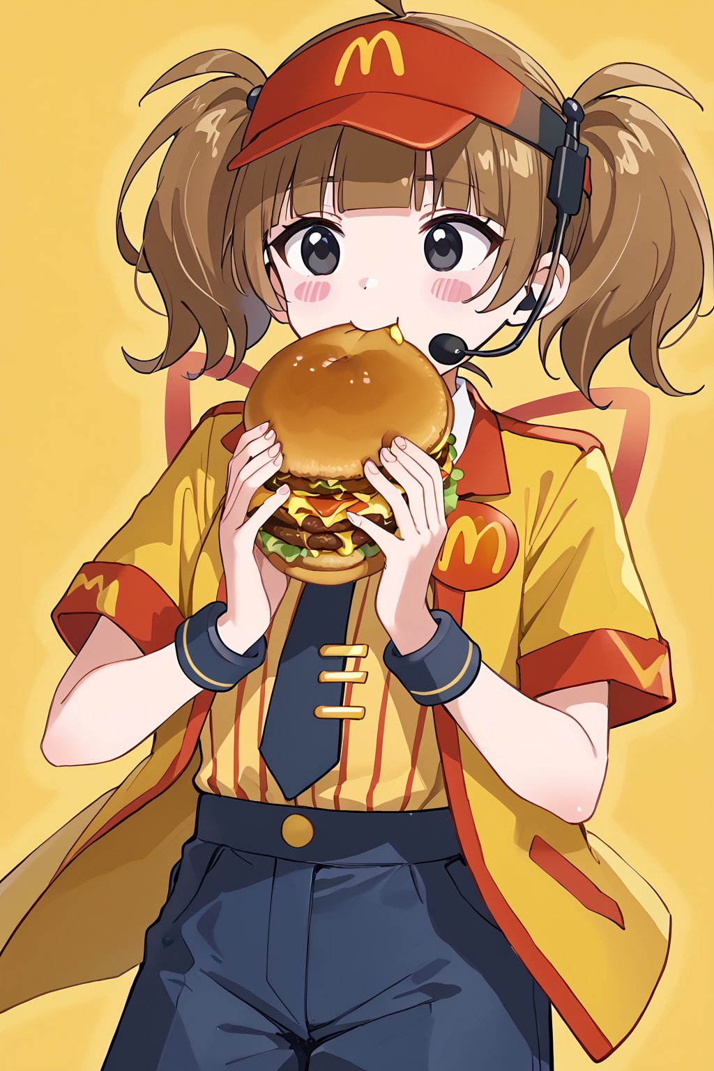 masterpiece,best quality,(1girl:1.4), solo,
dctabemi, wchi, twintails, visor cap, brown hair, ahoge,bandaid, black eyes, headset, eyebrows visible through hair, blunt bangs, (small hands:1.4),
necktie, wristband, short sleeves, collared shirt, shirt tucked in, yellow jacket, blue shorts, badge, blush stickers,vertical-striped shirt,
 McDonald's, feet out of frame, looking ahead, open mouth, (eating hamburger:1.4),