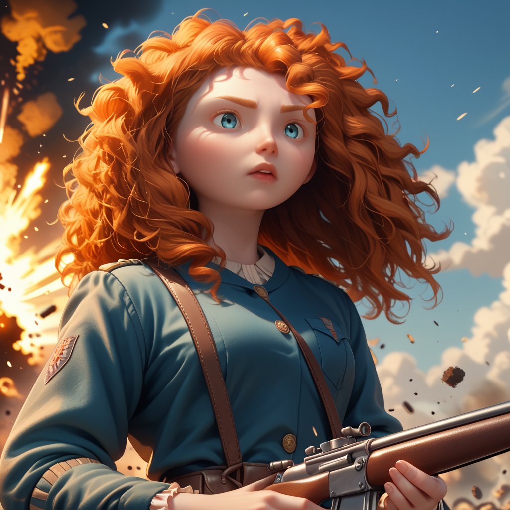 score_9, score_8_up, score_7_up, score_6_up, score_5_up, score_4_up, 1girl, Merida, holding a rifle, world war 2, explosion, solo, dust clouds,