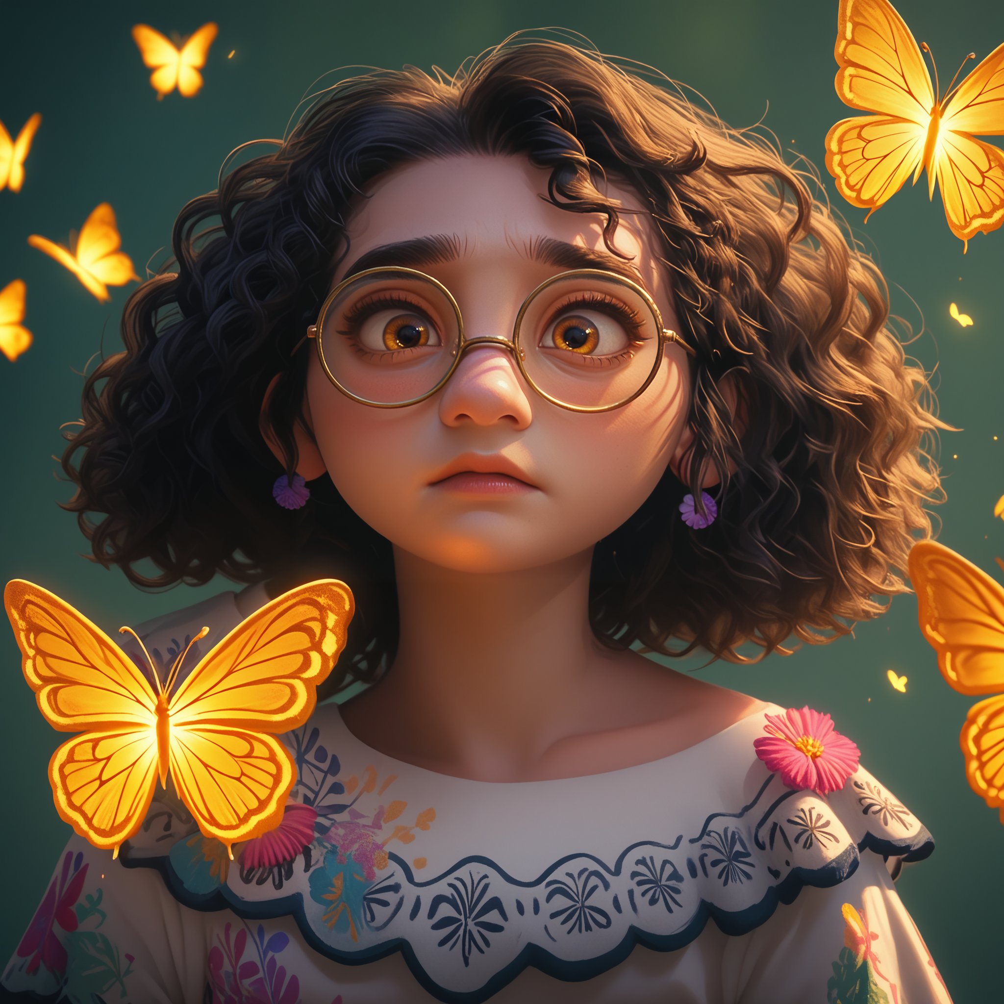 score_9, score_8, score_7, score_6, rating_questionable, MirabelM, 1girl, Glasses, portrait, glowing golden butterflies