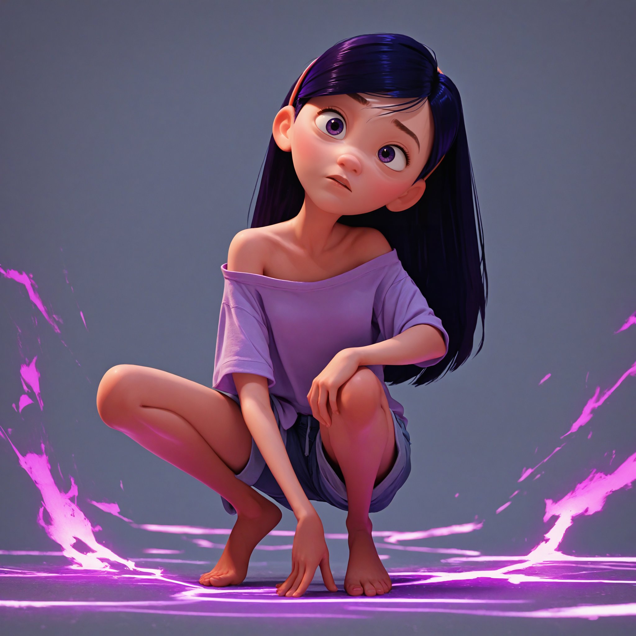 score_9, score_8_up, score_7_up, score_6_up, score_5_up, score_4_up, 1girl,VioletP, violet eyes, crouching, pose, loose shirt, exposed shoulder, teenager, barefoot, shorts, skinny, purple energy