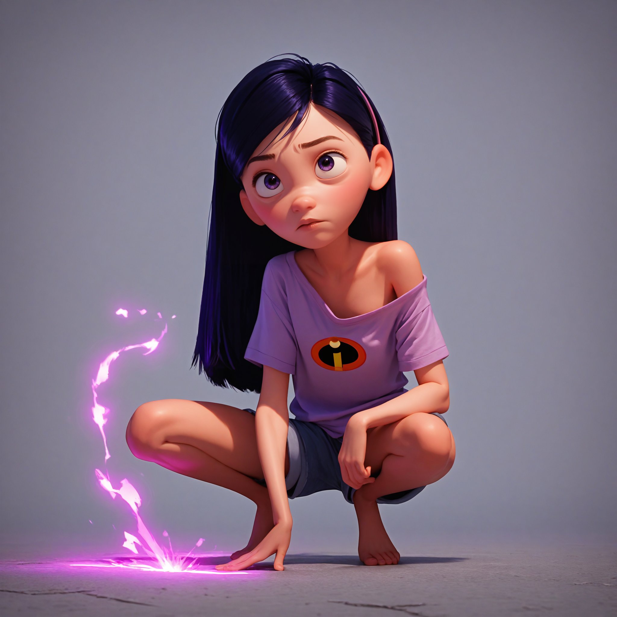 score_9, score_8_up, score_7_up, score_6_up, score_5_up, score_4_up, 1girl,VioletP, violet eyes, crouching, pose, loose shirt, exposed shoulder, teenager, barefoot, shorts, skinny, purple energy