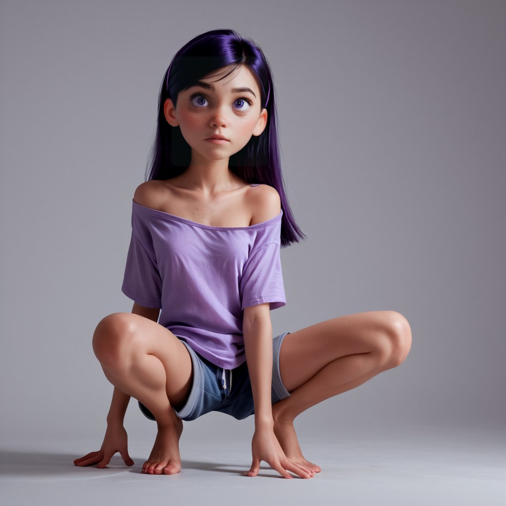 score_9, score_8_up, score_7_up, score_6_up, score_5_up, score_4_up, 1girl, VioletP, violet eyes, crouching, pose, loose shirt, exposed shoulder, teenager, barefoot, shorts, skinny, purple energy, hyper detailed, hard edge lighting, 