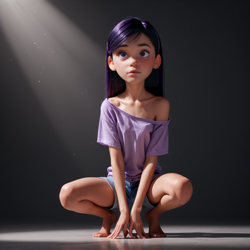 score_9, score_8_up, score_7_up, score_6_up, score_5_up, score_4_up, 1girl, VioletP, violet eyes, crouching, pose, loose shirt, exposed shoulder, teenager, flat chest, barefoot, shorts, skinny, purple energy, hyper detailed, hard edge lighting, 