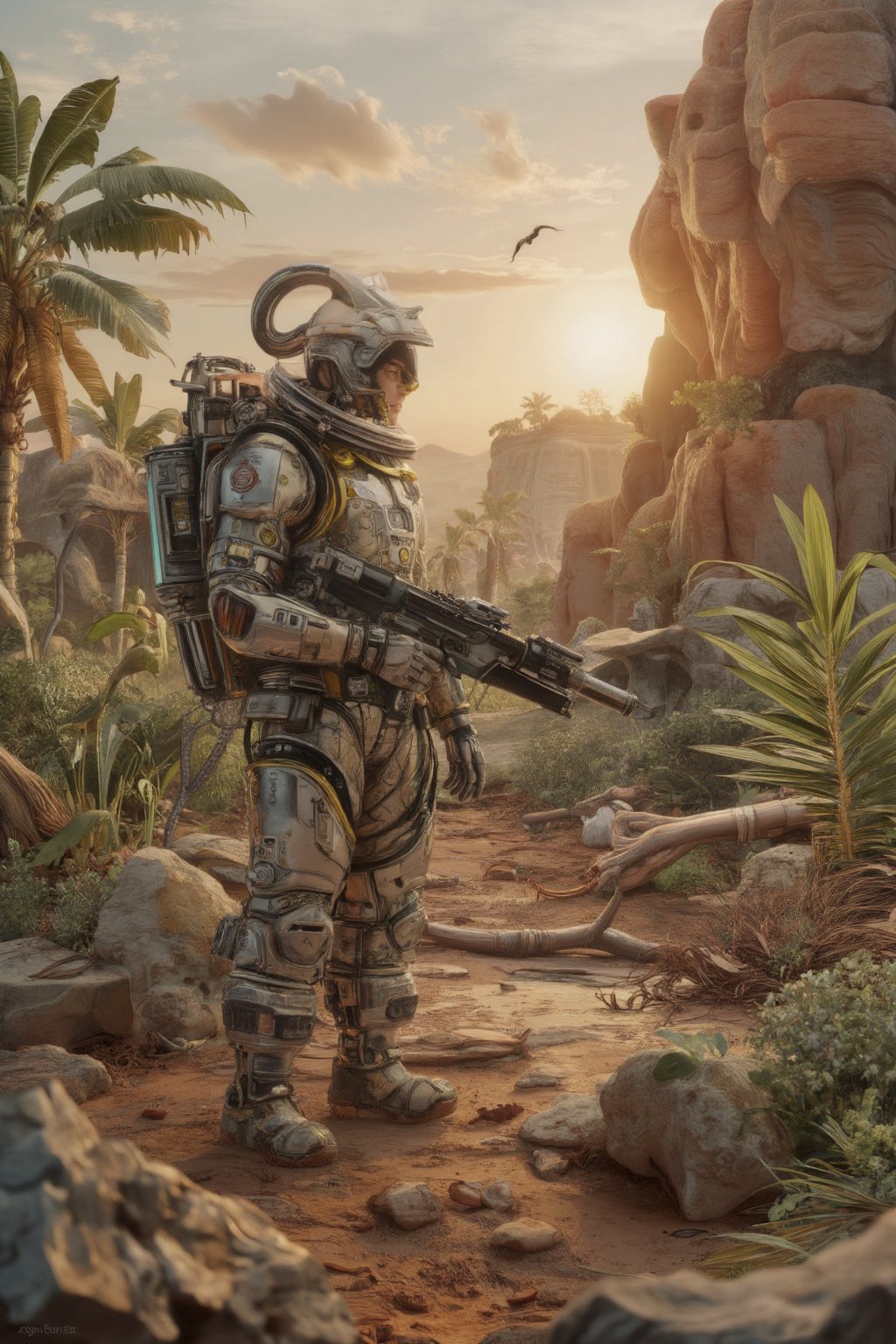 ((((Ultra realistic photo masterpiece)))). A gorgeous landscape on an alien planet,  alien plants and animals. I human col...