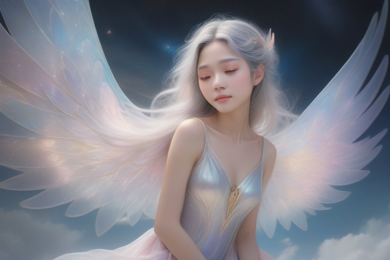 (masterpiece, best quality, official art:1.2), (stunning celestial being:1.3), (iridescent wings:1.4), shimmering silver hair, piercing sapphire eyes, gentle smile, (luminous aura:1.2), soft focus, whimsical atmosphere, serene emotion, dreamy tone, vibrant intensity, inspired by Hayao Miyazaki's style, ethereal aesthetic, pastel colors with (soft pink accents:1.1), warm mood, soft golden lighting, diagonal shot, looking up in wonder, surrounded by (delicate clouds:1.1) and (shimmering stardust:1.2), focal point on the being's face, intricate textures on wings and clothes, highly realistic fabric texture, atmospheric mist effect, high image complexity, detailed environment, subtle movement of wings, dynamic energy.