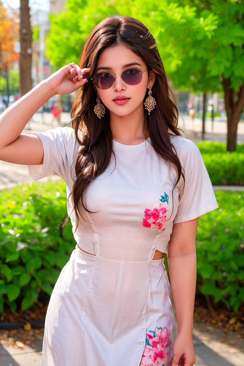 lovely cute young attractive teenage girl, village girl, 18 years old, cute, an Instagram model, long black_hair, colorful hair, winter, dacing, wear  white tshirt, sunglass, working in the park, clean face,1girl, solo,dress, earrings, blurry, see-through, floral print, ring, realistic, @imageized