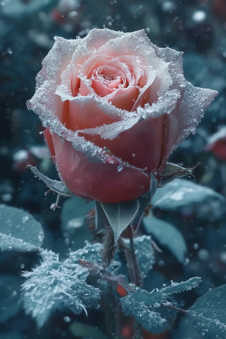 A rose in the snow, with sparkling snowflakes