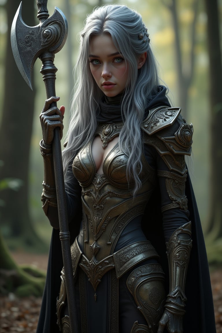 Ultra-detailed CG illustration, set in a fantasy world. Set in a forest. Time: daytime. There is a girl. 18 years old. Caucasian girl. Long silver hair and green eyes. The girl is tall. Tall. Thin. Slender. Medium bust. Wears revealing golden armor. Reveals a lot of skin. Black cloak. The girl is holding a axe. Looking at the viewer. Pointing the spear at the viewer. Full body shot. Composition seen from the front. Front view.