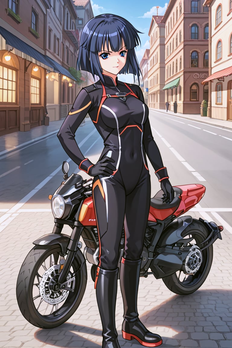 minamitoshimi, blue eyes, dark blue hair, 1woman, solo, (attractive body), (beautiful woman), (ultra-detailed), (super high resolution), (anime), (anime coloring), official art, official style, anime screencap, megami magazine, (detailed eyes), (perfecteyes), (cowboy shot:1.1), looking at camera, (masterpiece, best quality, ultra detailed, 32K Ultra HD anime, intricate details), perfect human anatomy, beautiful_female_fingers, perfect hands,detailed hands, beautiful hands, Perfect Anatomy, (correct number of fingers), (4_fingers and 1thumb on hand), (perfect hands), (beautiful toes, 5fingers), (outdoors, town, road), (night), (Serious face), black leather Rider Suit, black leather glove, black leather boots, (//pose, hand on hip), dutch angle, dynamic angle, from above, from side, Standing next to a very large motorcycle