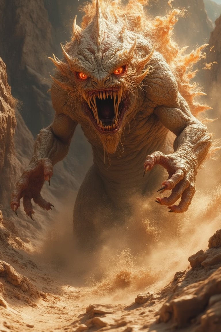 A hideous creature comes up out of the ground in a swirl of sand wild fire like eyes,  predator jaws and teeth,  clawed ha...