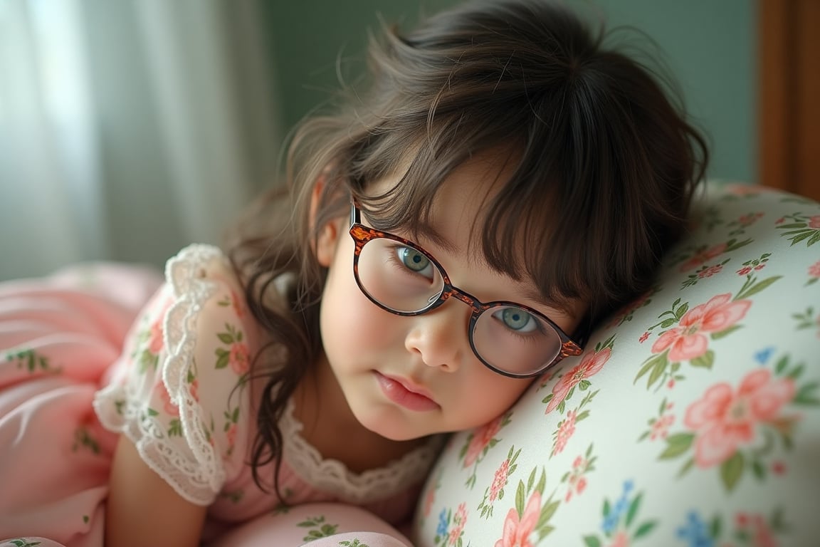 Full body portrait hyper realistic shot with ultra detailed photo of a 11 year old russian child wearing a colorful detailed frilly chifon lace sheer lolita puffy dress, pale green eyes, dark hair, cute fringe, glasses, cute looking, leaning playful, climbing a pillow, looking at the camera, natural light, siena studio lighting, masterpiece, angelical. hyper realistic photo, UHD quality. hyper realistic photo, UHD quality.,everything in focus, more detail XL., ,suzuka,bm, more details and textures, cinematic shot, studio shot, ultra realistic illustration, siena natural ratio,Fantasy detailers 