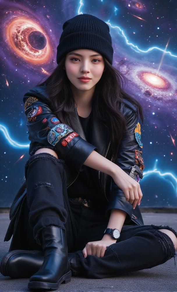 Cinematic photorealism of a beautiful Korean girl with white skin, long black hair, and a perfectly groomed face. She wears a black beanie, a black leather jacket with colorful patches rolled up at the elbows, ripped black cargo pants with pockets, and black boots. A stylish black watch completes the look. She sits in a relaxed pose, smiling sweetly, with her eyes directed at the camera. Background: A cosmic dreamscape with swirling galaxies, electric blue lines, dark purple and orange hues blending into a starry sky. Nebulae and distant stars create depth, while meteors and a rotating galaxy add movement, evoking the beauty of the infinite universe.