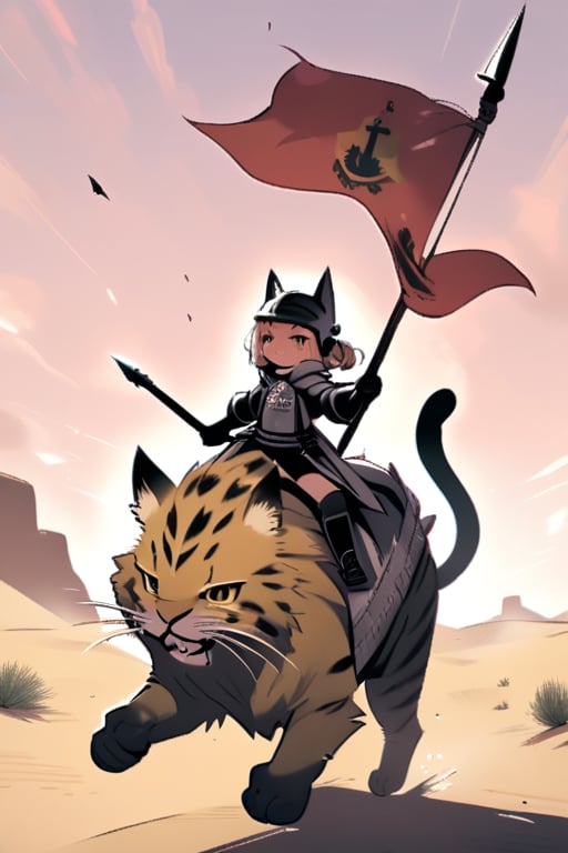 cute knight, cat girl, riding big cat, desert, flag spear,