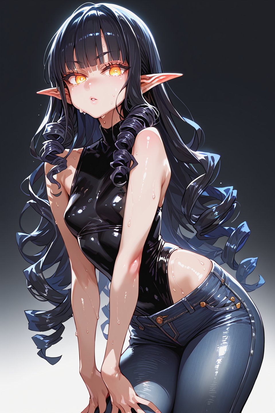 score_9, score_8_up, score_7_up, source_anime,blank background, black leotard, jeans, excessive sweat, shiny skin, sagawa, pointy ears, long hair, black hair, drill hair, gold eyes, glowing eyes, gray skin,