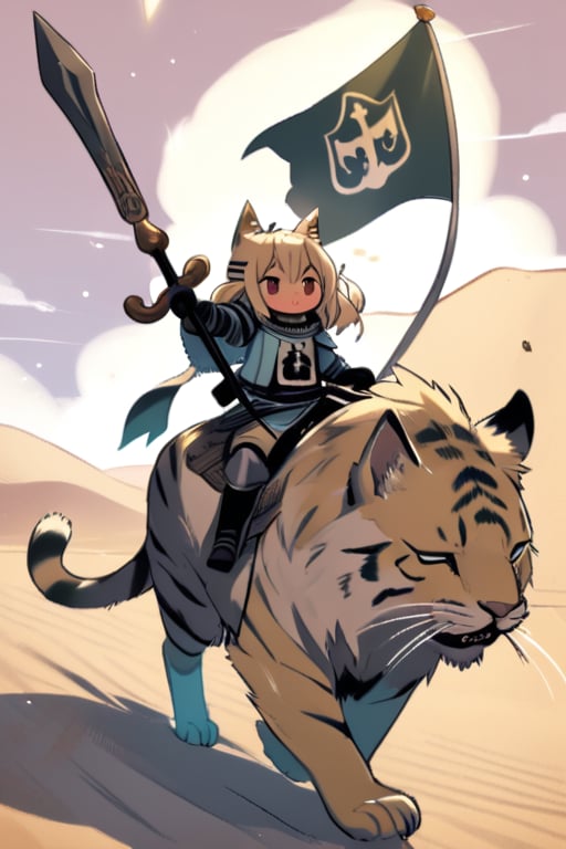 cute knight, cat girl, riding big cat, desert, flag spear,