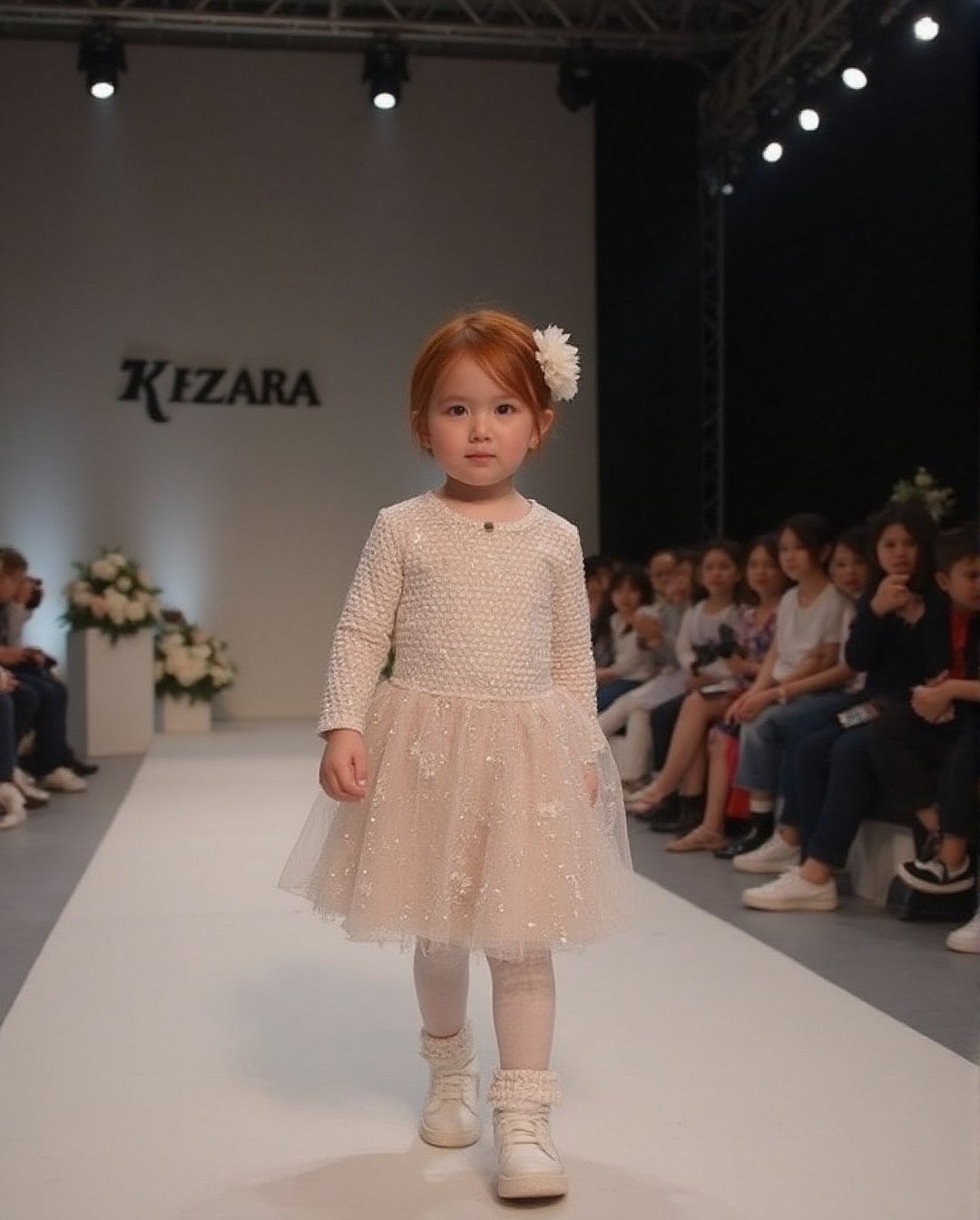 Fashion show, a little girl with red hair and blue eyes walking, parading on a catwalk with flowers and people watching, filming and taking photos.