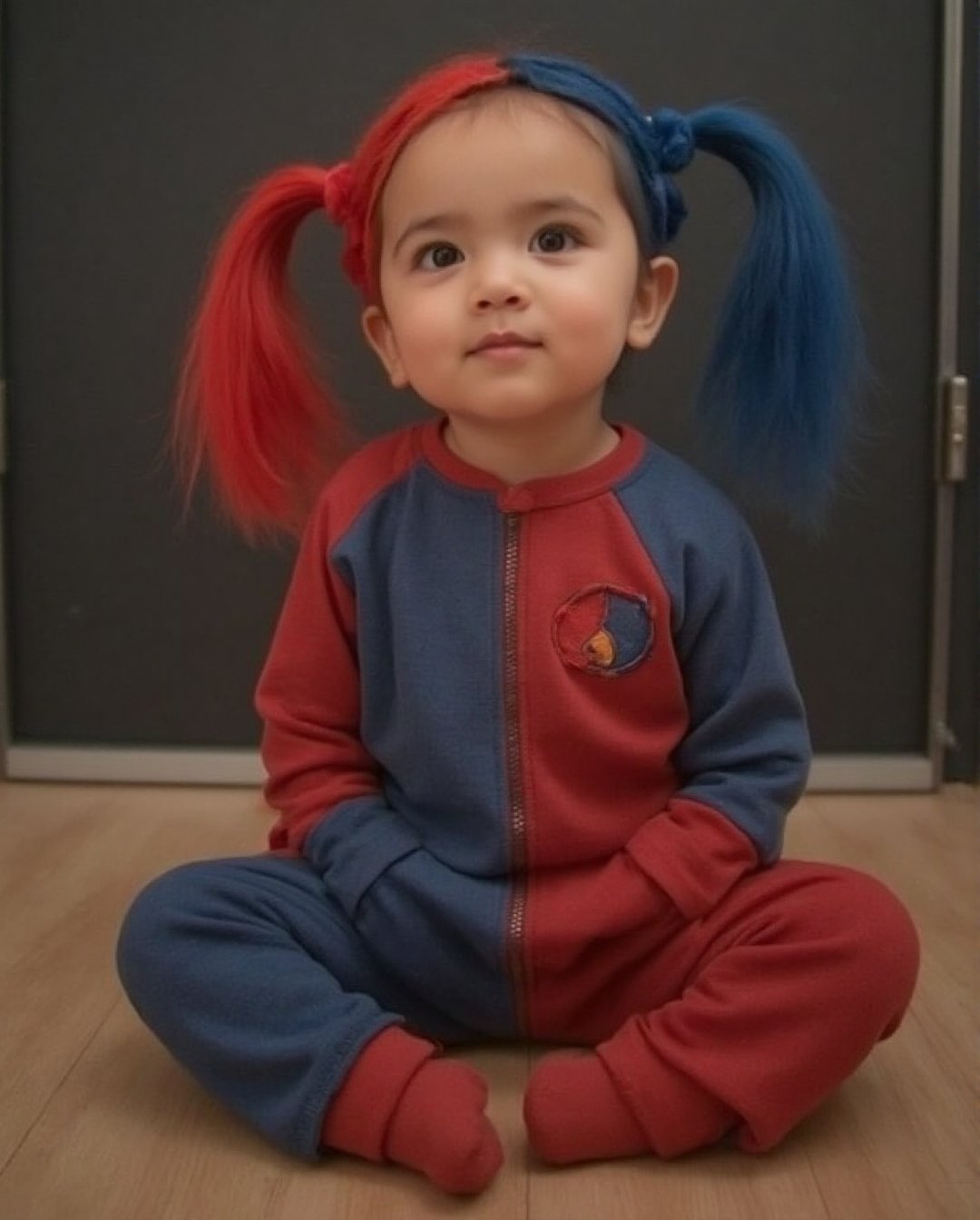 3 year old girl dressed as Harley Quinn Hallowen. Sitting on the floor Little girl with red shouldered hair and bright blue eyes, realistic UHD