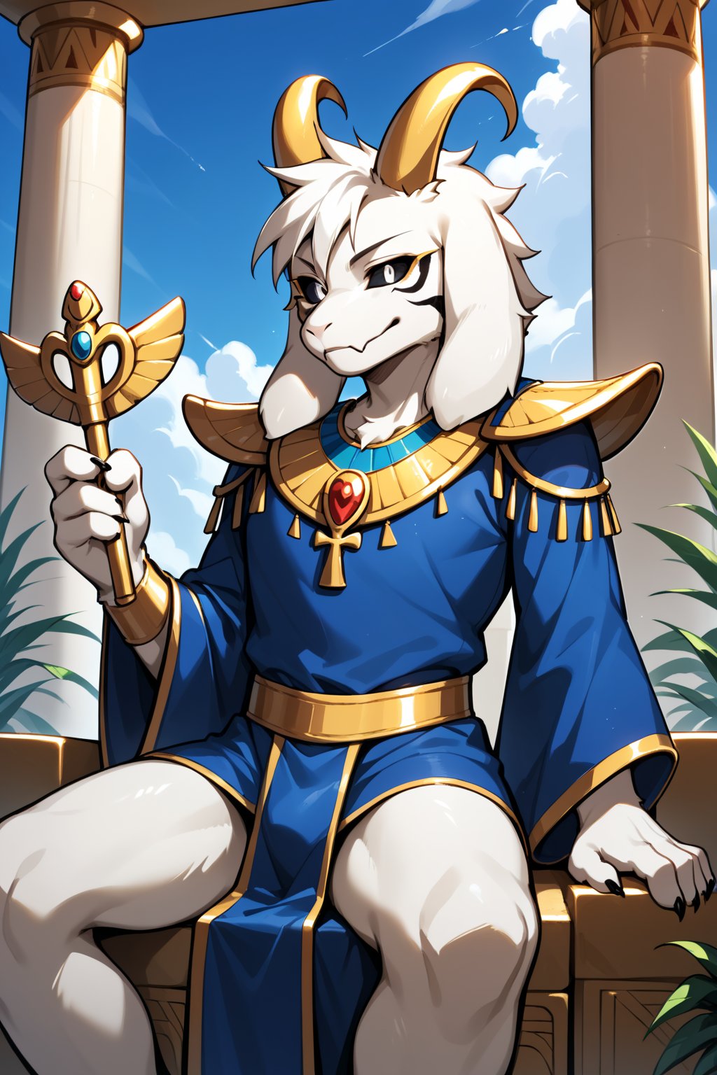 score_9,score_8_up,score_7_up,best quality,amazing quality,very aesthetic,absurdres,Ultra HD, high-quality, high quality, best quality,official art,intricate details,hyperdetailed,BRAKE,furry,kemono, asriel dreemurr,asriel dreemurr from undertale,character asriel dreemurr from undertale,gaot horns,gaot ears,black sclera,white eyes,dressed as an Egyptian Pharoah, sitting in a golden jewel encrusted throne in an ancient Egyptian throneroom with pillars and palm fronds,detailed fur,body fur,tuft,fluffy, holding an Egyptian Crook Staff,Egyptian mythology style,