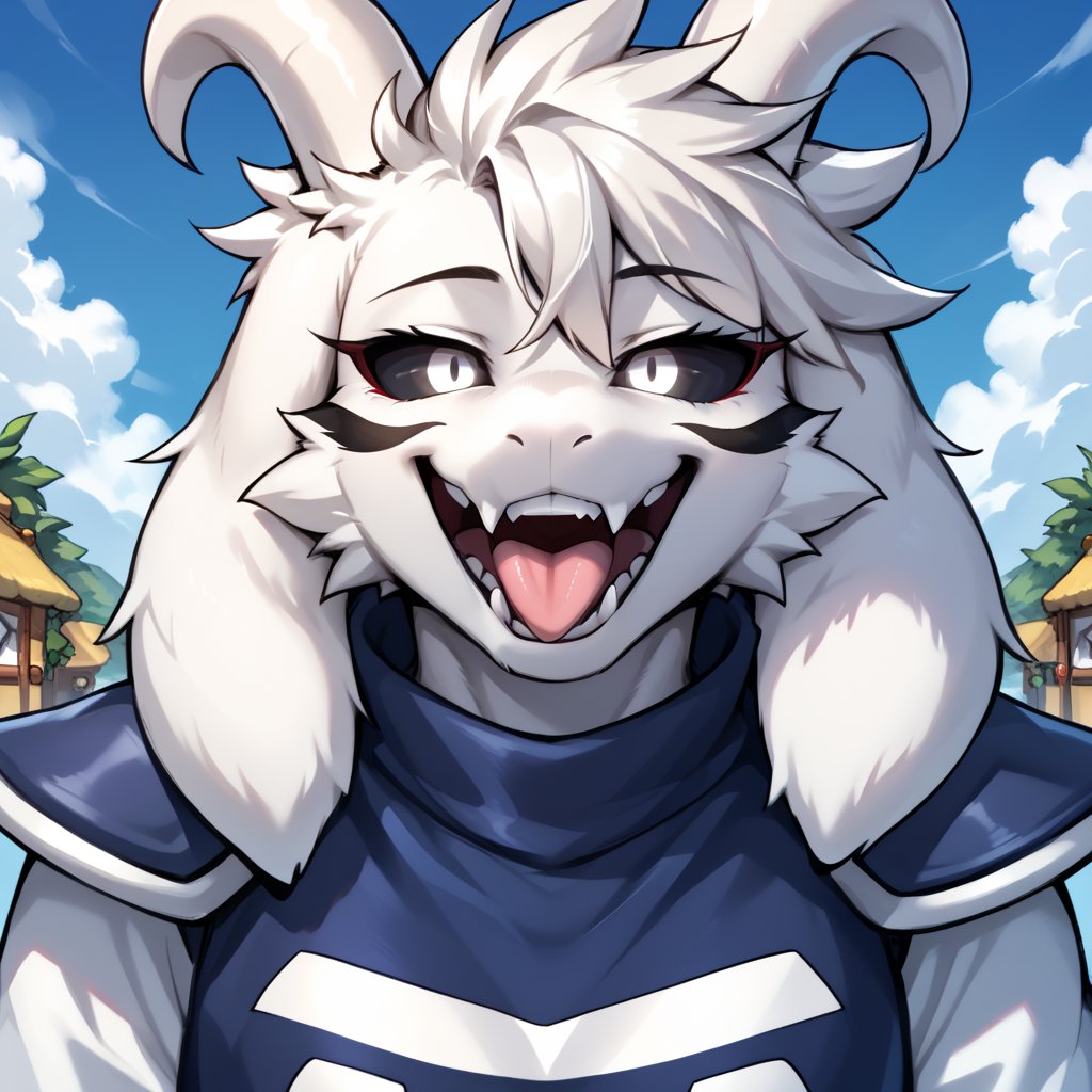 score_9,score_8_up,score_7_up,best quality,amazing quality,very aesthetic,absurdres,Ultra HD, high-quality, high quality, best quality,official art,intricate details,hyperdetailed,BRAKE,furry,kemono, asriel dreemurr,asriel dreemurr from undertale,character asriel dreemurr from undertale,gaot horns,gaot ears,black sclera,white eyes,detailed face,detailed eyes,excited,long eyeslash,face focus,pink tongue,teeth,half eyes closed,