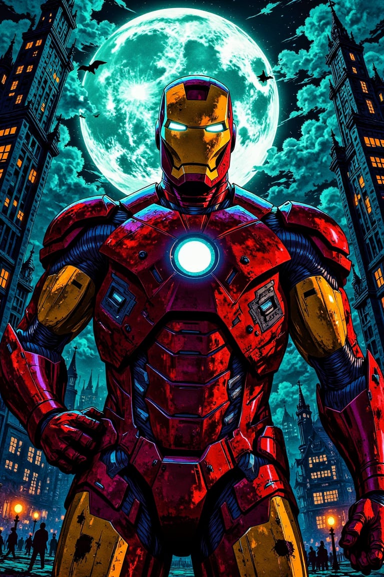 A close-up shot of Iron Man's face, lit by a faint glow from his Arc Reactor. His eyes gleam with determination as he stands proudly in front of a sleek, metallic background, the cityscape visible through the transparent walls. Iron Man's suit glistens with subtle sheen, highlighting its advanced technology. He poses confidently, one hand resting on his hip, radiating a sense of power and authority.,illustration night halloween theme