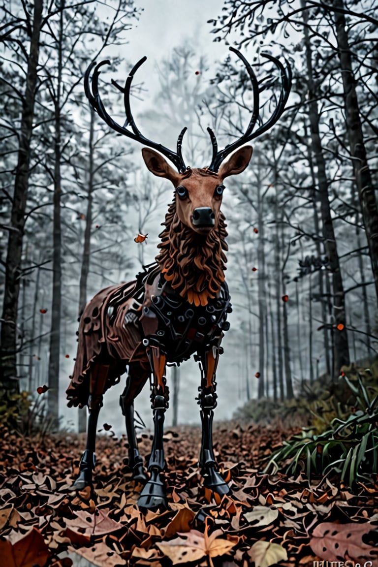 A majestic Monster Whitetail Buck stands tall amidst a mystical morning fog, its antlers reaching towards the gray sky like twisted ironwork sculptures. The surrounding forest floor is a tapestry of vibrant fall leaves, rustling softly in the misty air as the buck's piercing eyes seem to bore into the viewer. Its coat glistens with dew, blending seamlessly into the foggy atmosphere.,Mechanical