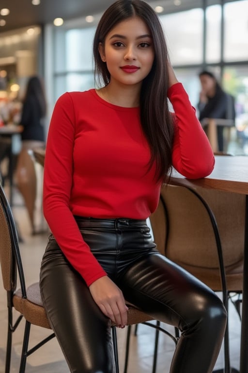 Full photo, feet visible, photorealistic, ADITI in mall,smiling,posing , red top, wearing black leather pants, wearing fetish sleepers , sitting in Cafe,FuturEvoLabBeautify