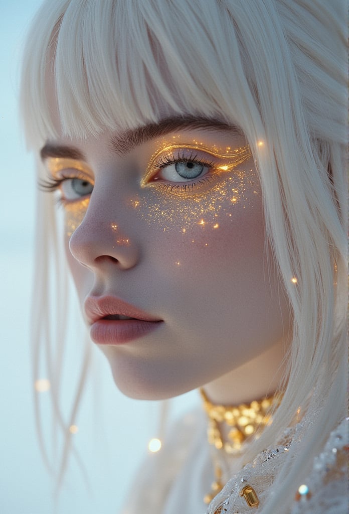 , albino Billie Eilish woman with glowing eyes and hair in white gold jewelry, light painting, futuristic digital, realistic sci-fi, lights, gold filigree, silver lashes, diamond, ethereal, misty, holographic, white sky on background,glitter