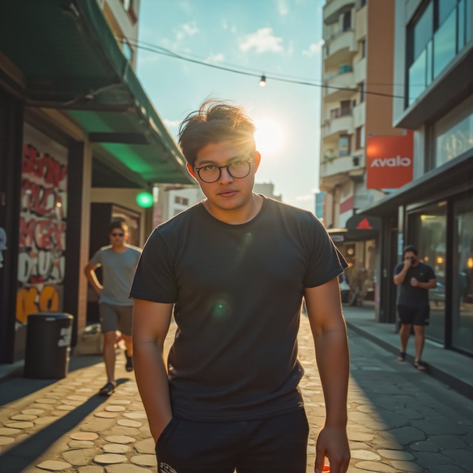 En una vibrante escena urbana, axelmuso, también conocido como musolinoaxel, se encuentra en el centro del cuadro. Él está de pie en una calle llena de vida, con edificios modernos que se alzan a su alrededor, reflejando el brillo del sol en sus superficies de vidrio. La imagen fue capturada con una Sony a7III, utilizando un lente 50mm f/1.8, lo que proporciona un hermoso bokeh en el fondo. El sol está a su espalda, creando un halo cálido a su alrededor que resalta su figura. axelmuso, un hombre de complexión atlética y cabello oscuro, lleva una camiseta ajustada de color negro, pantalones cortos y lentes negros que acentúan su estilo moderno. Su rostro, iluminado por la luz suave de la tarde, muestra una expresión confiada y amigable, mirando directamente a la cámara con una ligera sonrisa que sugiere un enfoque abierto y accesible. A su lado, un graffiti colorido añade un toque artístico al entorno, capturando la esencia vibrante de la ciudad.

La iluminación resalta sus rasgos faciales, con sombras sutiles que acentúan su mandíbula definida y su piel perfecta. En el fondo, la luz del sol se filtra a través de las ramas de un árbol cercano, creando patrones de luz y sombra en el pavimento. Este retrato de axelmuso encapsula no solo su personalidad, sino también la energía de la vida urbana que lo rodea.

Hiperrealista, realista, imagen detallada, piel perfecta, imagen de super calidad, super resolución, 8k, photorealista.,Midjourneyart 