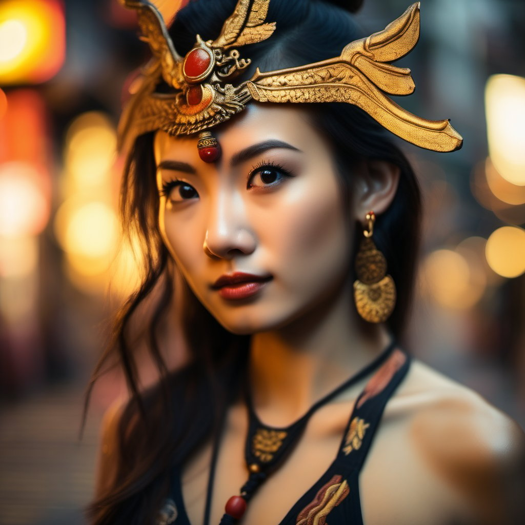 asian_mythology,close up portrait, hot young woman walking street  