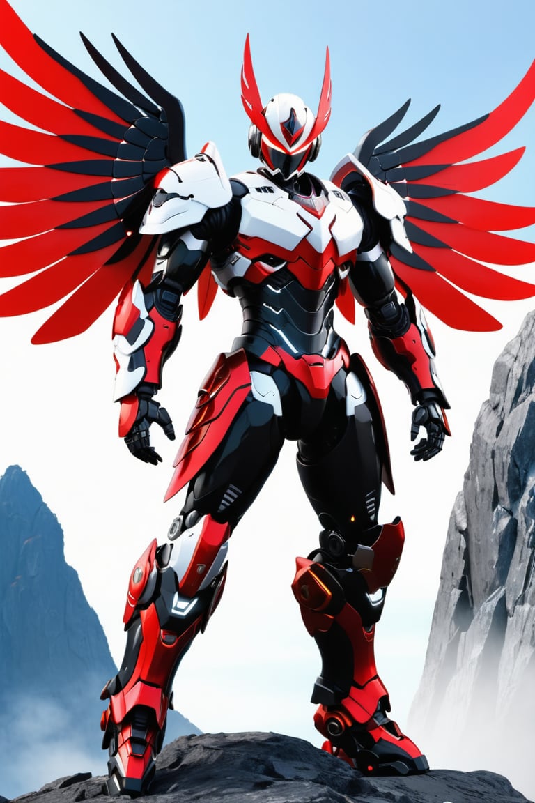 masterpiece, best quality, 1boy 37 yo, angel death, dynamic pose in shipyard, black hair short hair one side up, robot eyes, black eyes, red white lightning armor , CyberskullAI ,cyborg style
[a merger between a big winged garuda, cyborg face] and [a white and red lighting translucent phantom ] robo, stocky and strong body, big muscles,carrying a large sword in his right hand, standing pose with his back to the camera on the top of a mountain, frostracetech,robot,more detail XL, humanoid cyborg style, framing: ground level,frontal,full_body,cyborg style,white bacground