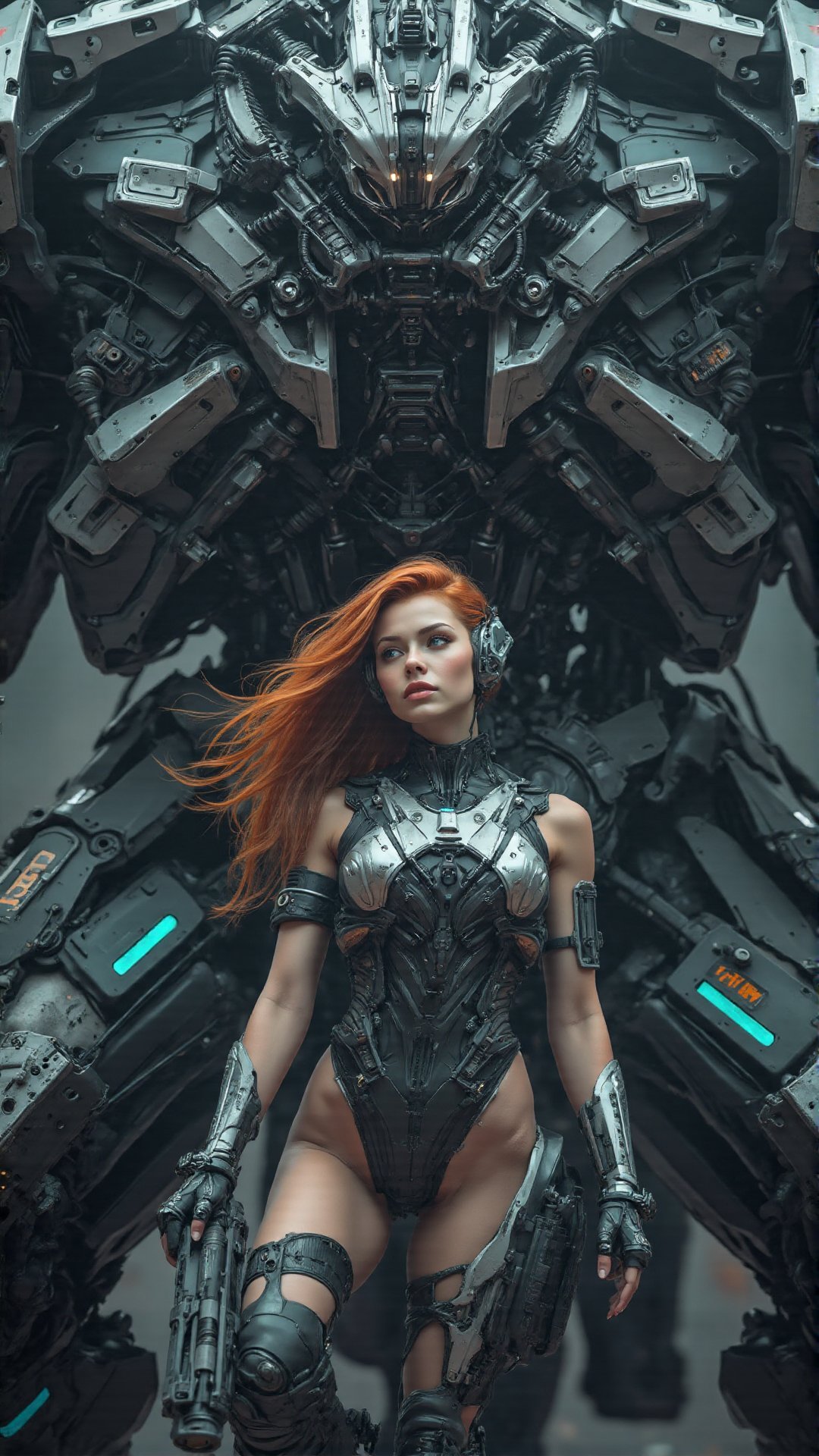 Ultra-realistic award-winning cinematic color photograph of an alluring,  strikingly beautiful woman clad in a futuristic...