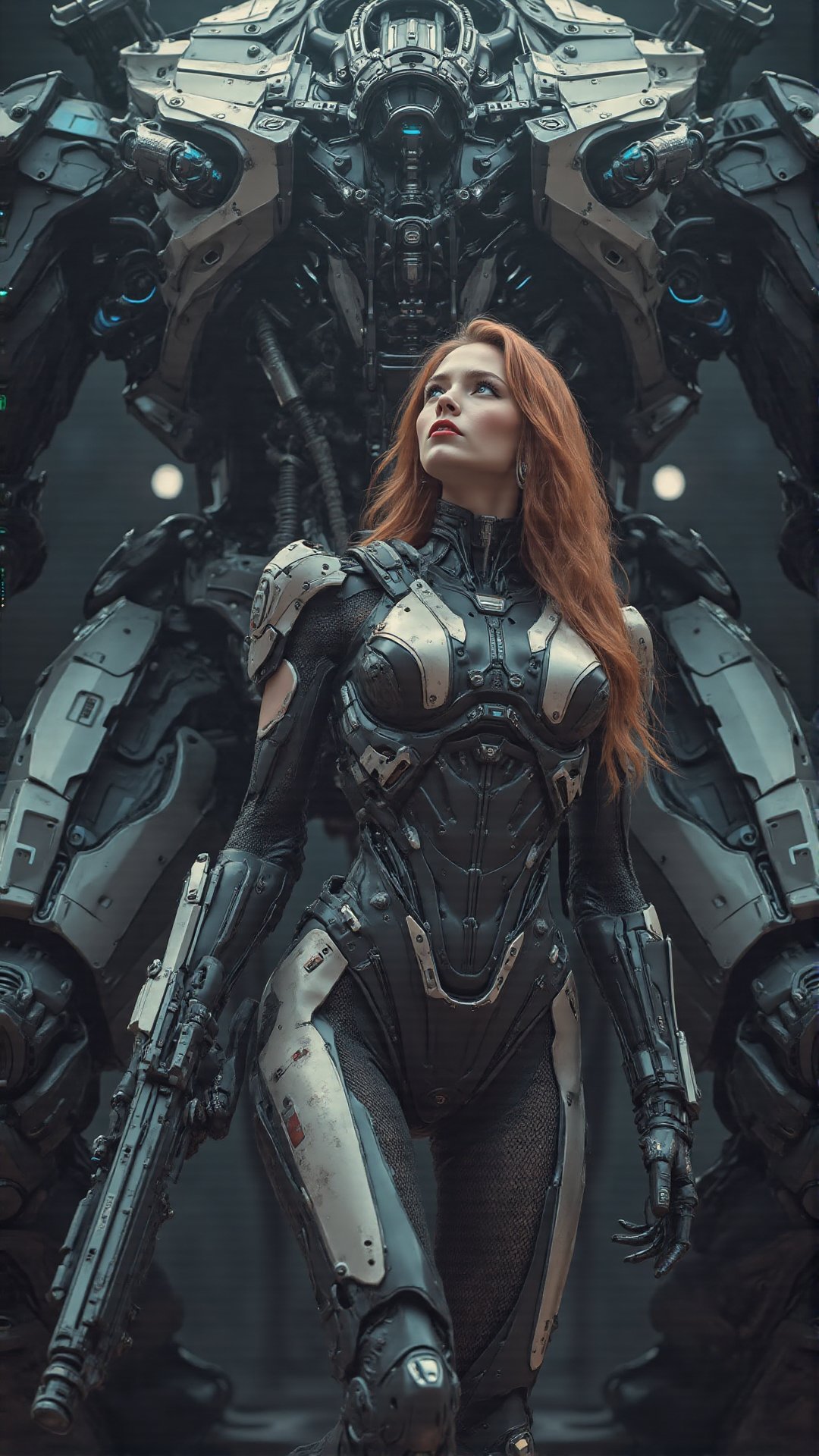 Ultra-realistic award-winning cinematic color photograph of an alluring,  strikingly beautiful woman clad in a futuristic...