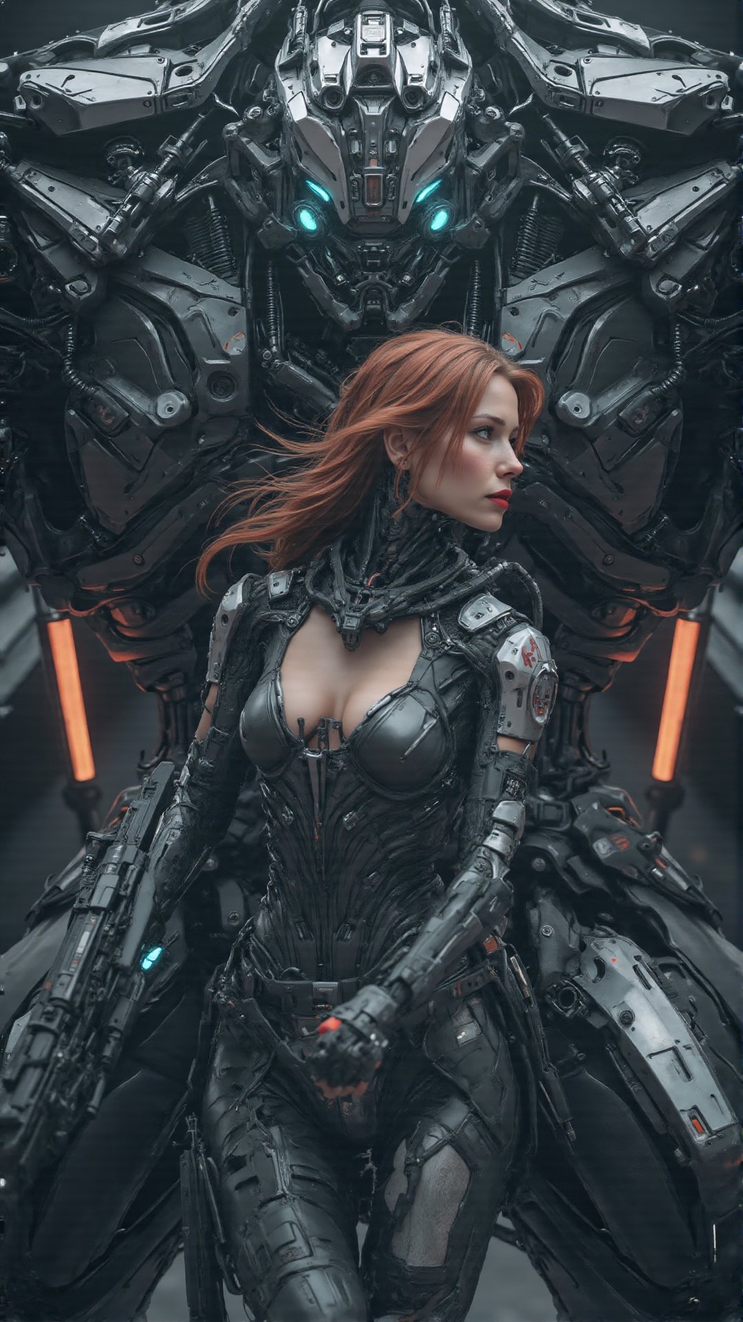 Ultra-realistic award-winning cinematic color photograph of an alluring,  strikingly beautiful woman clad in a futuristic...