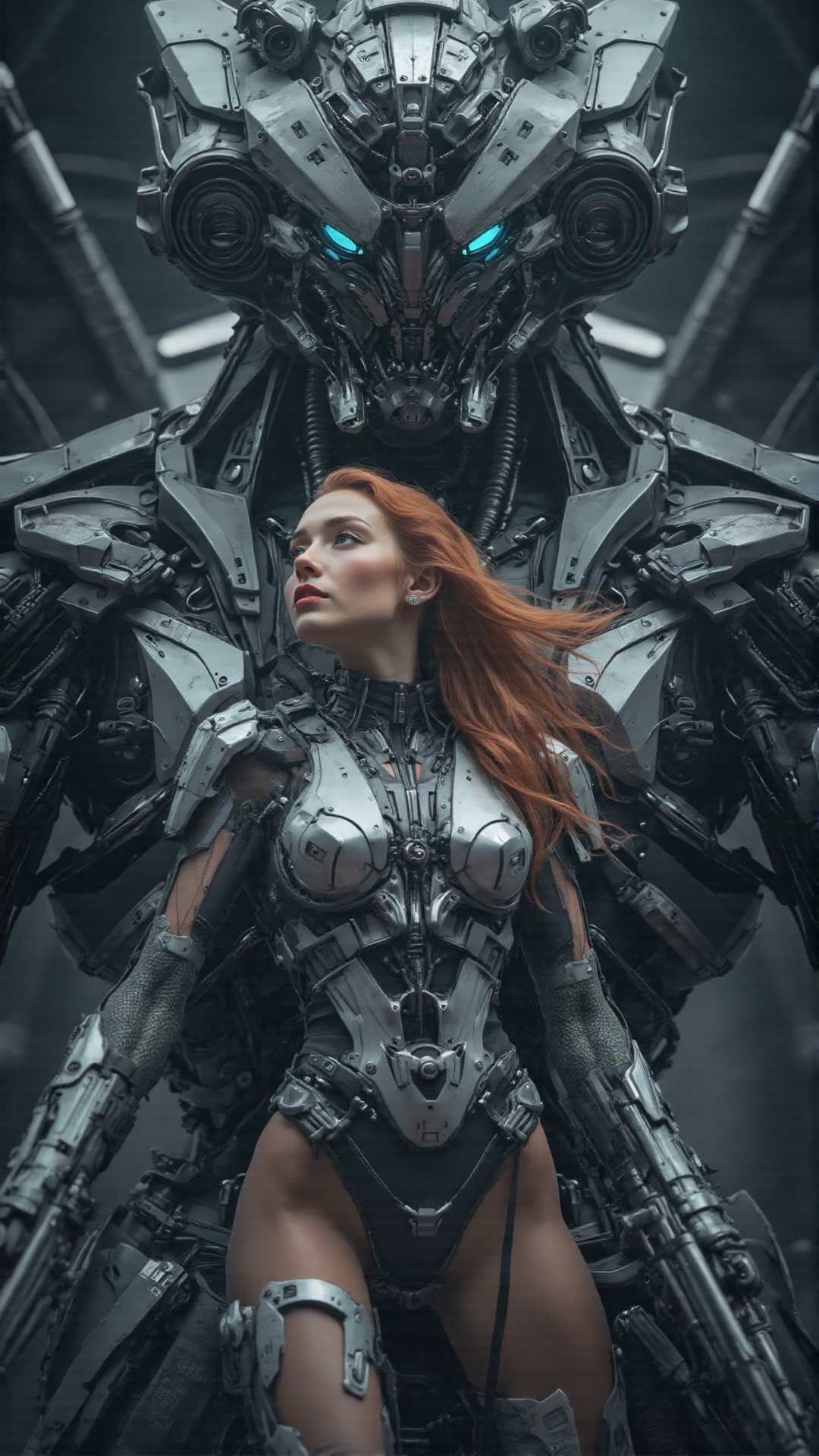 Ultra-realistic award-winning cinematic color photograph of an alluring,  strikingly beautiful woman clad in a futuristic...