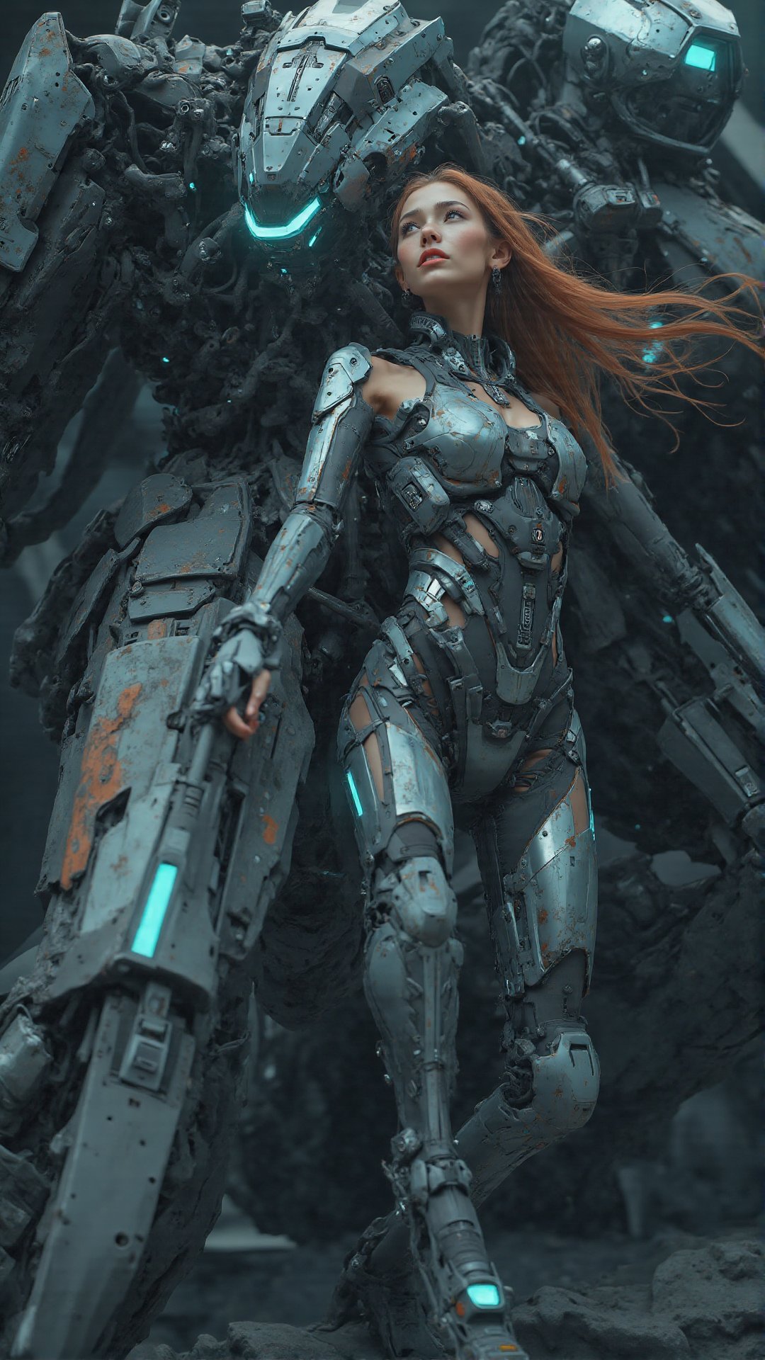 Ultra-realistic award-winning cinematic color photograph of an alluring,  strikingly beautiful woman clad in a futuristic...