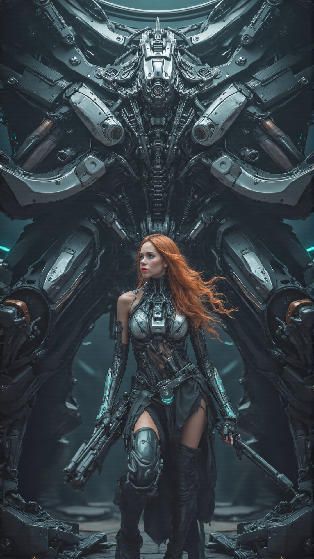 Ultra-realistic award-winning cinematic color photograph of an alluring,  strikingly beautiful woman clad in a futuristic...