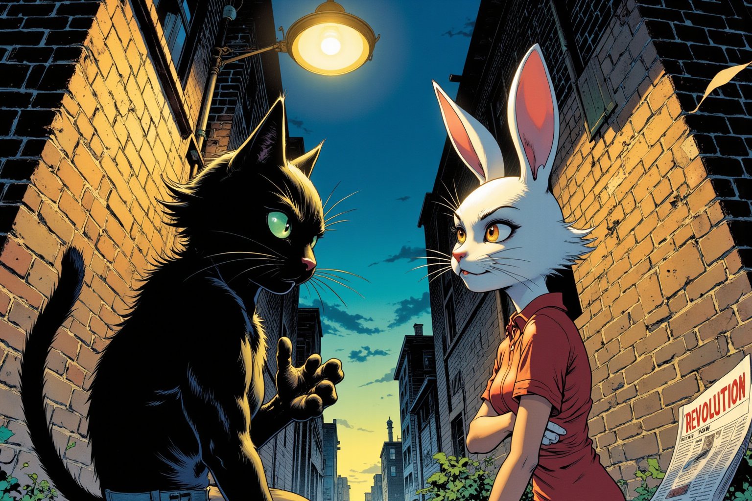 Comic book style 
In a bustling urban alleyway, a vibrant, anthropomorphic black cat named Fritz, with a mischievous glint in his emerald eyes, finds himself in a heated argument with a stoic, sexy white rabbit named Dolores, her soft brown eyes reflecting a mix of frustration and concern. The alley is bathed in the golden hue of a setting sun, with a deep, azure sky peeking through the cracks between dilapidated brick buildings. The scene is reminiscent of the film noir era, with a gritty texture, heavy film grain, and a cool color grade that emphasizes the shadows. A single, harsh, streetlight casts a stark, dramatic contrast, illuminating the animated characters' emotional struggle. The light source, a high-key spotlight, is placed low and to the right, creating a dramatic, side-lit profile for both characters, highlighting their facial expressions and deepening the shadows around them. A discarded newspaper flutters in the wind, the headline reading "Revolution Now," hinting at the tumultuous political climate of their world. Fritz, with his hand gesturing wildly, and Dolores, with her arms crossed defiantly, stand inches apart, the tension between them palpable. The atmosphere is charged, as if the very air is crackling with their unspoken emotions, making for a captivating, thought-provoking scene straight out of a classic film by the masterful storyteller, Ralph Bakshi.