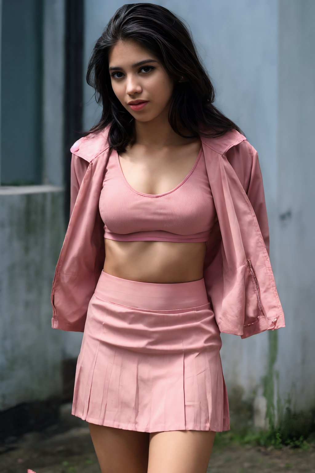 a solo girl, and no uper body clothes, short pink skirt and open jacket no bra showing all parts on uper body 