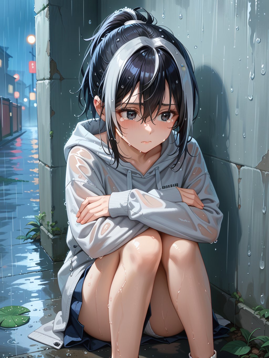 score_9, score_8_up, score_7_up, solo, 1girl, 23-year-old female thief in rain, crying, looking away, sitting on the ground by a wall, hugging knees, knees up, knees to chest, both hands in sleeves, black eyes, black hair, ponytail, sidelocks, straight hair, hair between eyes, ahoge, silver streak hair at front, streaked hair, wet hair, grey hoodie with white drawstring, flat chest, wet clothes, night, rain, high angle shot, realistic,