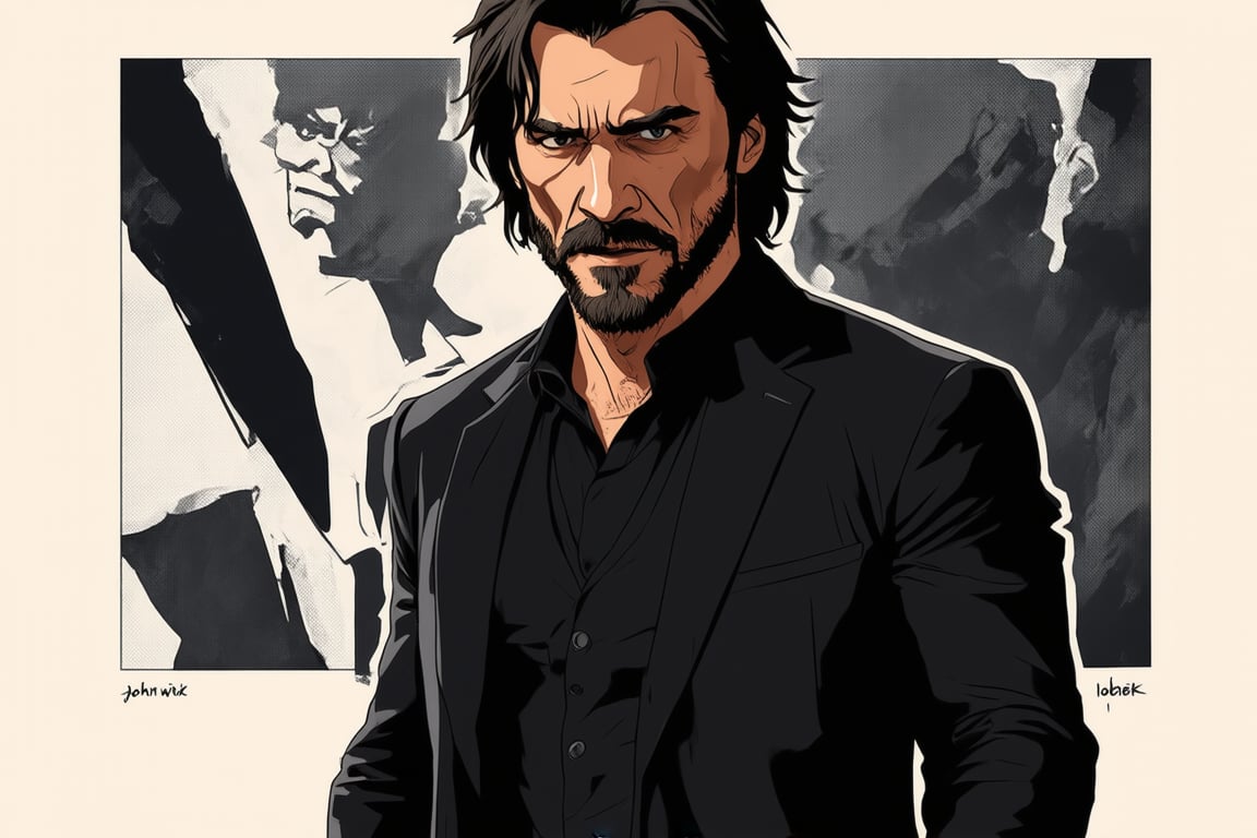 Desenhe um personagem masculino inspirado em John Wick para uma animação 2D. Ele deve ter uma aparência durona e elegante, vestindo um terno preto bem ajustado, com uma camisa preta por baixo e uma gravata discreta. O personagem deve ter cabelo preto curto e barba rala, com uma expressão séria e determinada, refletindo a personalidade implacável e focada