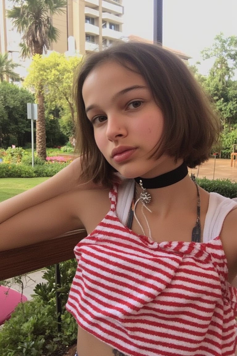 (Mthlda ,1girl,nineten, air blow kiss pose), 
(wearing choker, wearing a red striped in white crop top on the inner, wearing daisy dukes), 
(outdoor),
(noise, selfie, grain,jpeg artifacts, low light, low quality, blurry, looks like 2010 photo quality, easyshare snapshot)