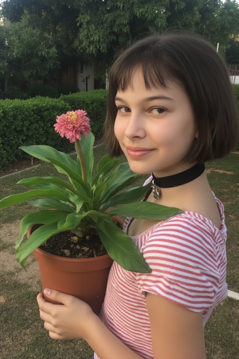 (Mthlda ,1girl,nineten, smiling expression), 
(wearing choker, wearing a red striped in white crop top on the inner, wearing daisy dukes), 
(both hands holding an Aglaonema plant in a brown pot)
(middle of the road),
(noise, grain,jpeg artifacts, low light)