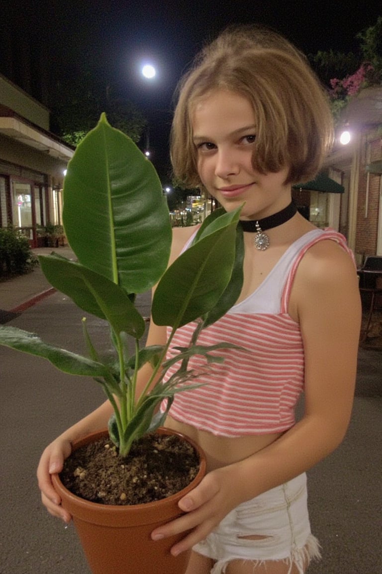 (Mthlda ,1girl,nineten, smiling expression), 
(wearing choker, wearing a red striped in white crop top on the inner, wearing daisy dukes), 
(both hands holding an Aglaonema plant in a brown pot)
(middle of the road, in downtown),
(noise, grain,jpeg artifacts, low light)