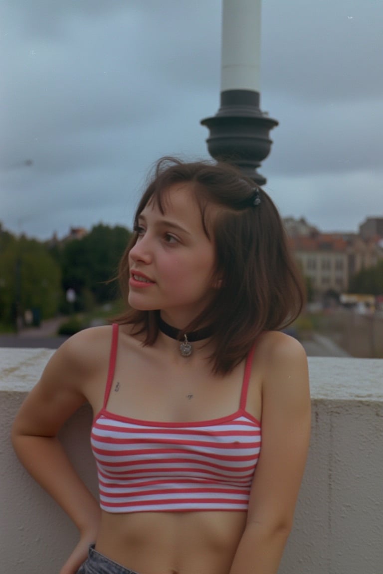 (Mthlda), 
(wearing choker, wearing a red striped in white crop tops), 
on rooftop, taking selfie,
(low light, noise, grain,jpeg artifacts, noise,full body)
raw_photo, no tattoo,pokies,zenit_kodak_gold,p0k13s