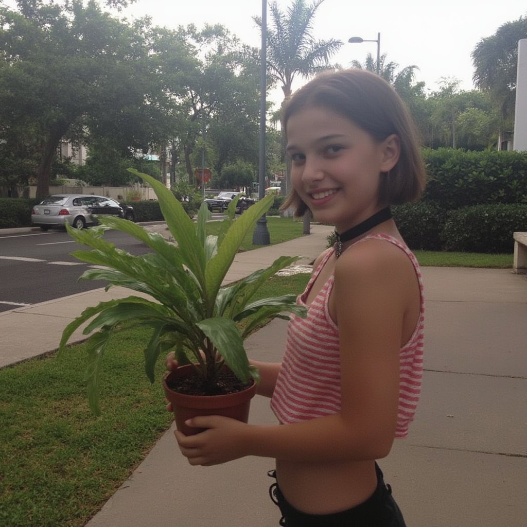 (Mthlda ,1girl,nineten, smiling expression), 
(wearing choker, wearing a red striped in white crop top on the inner, wearing daisy dukes), 
(both hands holding an Aglaonema plant in a brown pot)
(middle of the road),
(noise, grain,jpeg artifacts, low light)