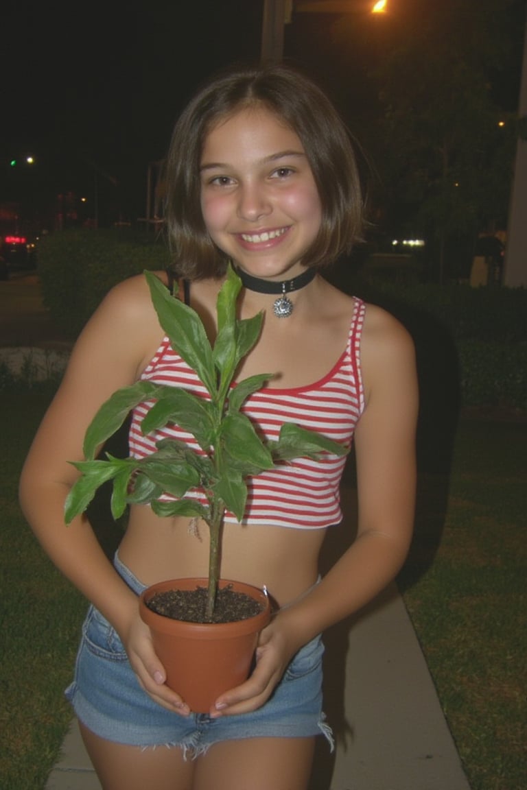 (Mthlda ,1girl,nineten, smilingreaction), 
(wearing choker, wearing a red striped in white crop top on the inner, wearing daisy dukes), 
(both hands holding a aglaonema plant in a brown pot),
(middle of the road),
(noise, grain,jpeg artifacts, low light)