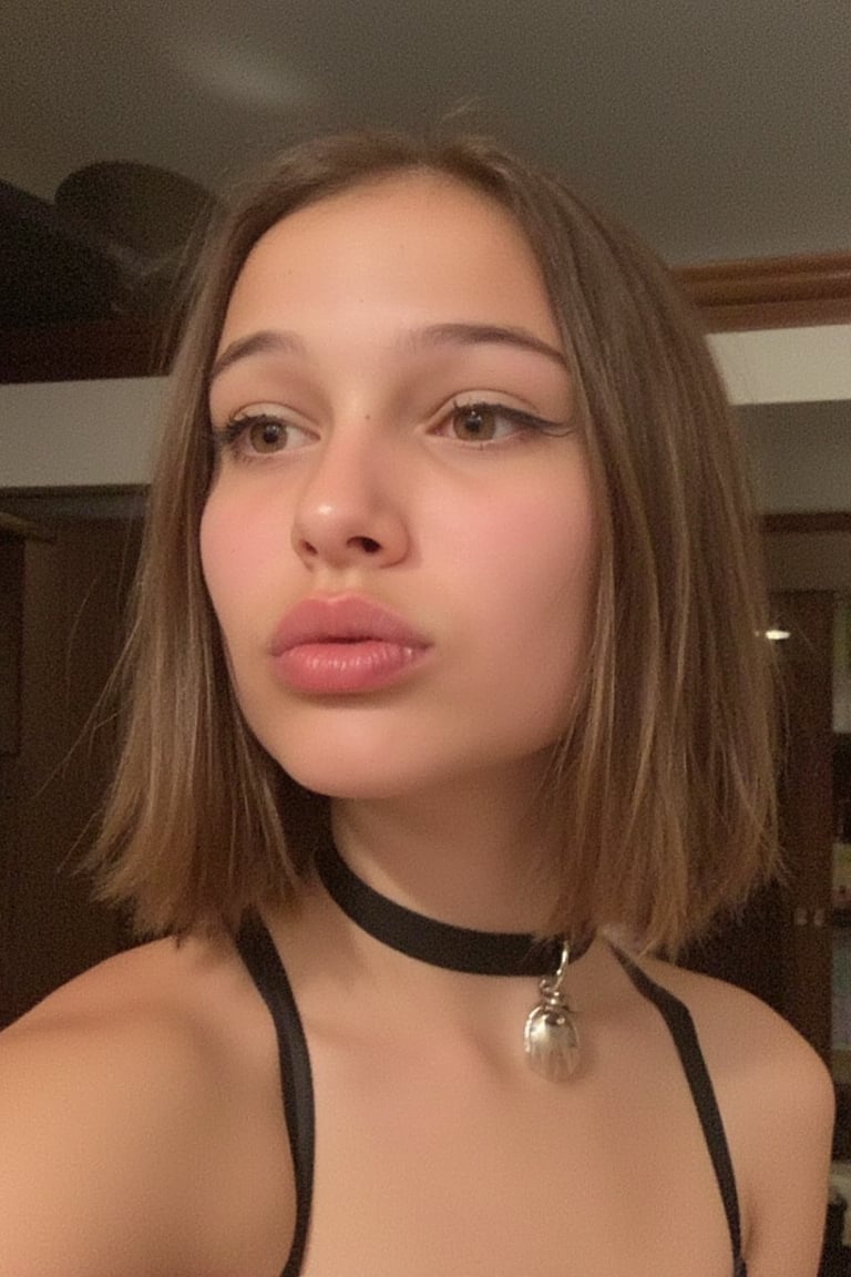 (Mthlda ,1girl,nineten,making a playful kissing face with her lips puckered, wearing black eyeliner make up,,blow kiss lips), 
(wearing choker, wearing black micro bikini, black lipstick), 
(mirror selfie, selfie, noise, grain,jpeg artifacts, low light, noise)